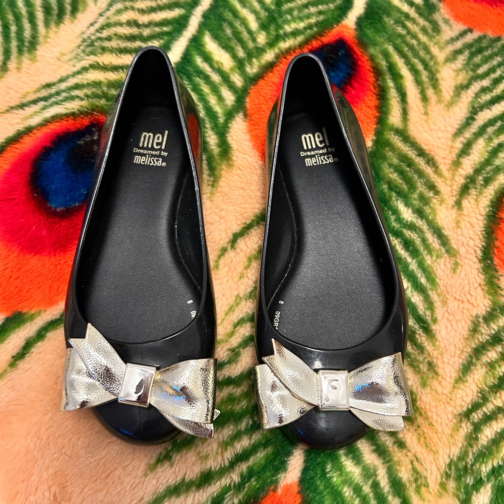 Melissa Black and Gold Flats w/ Elegant Bow NWT
